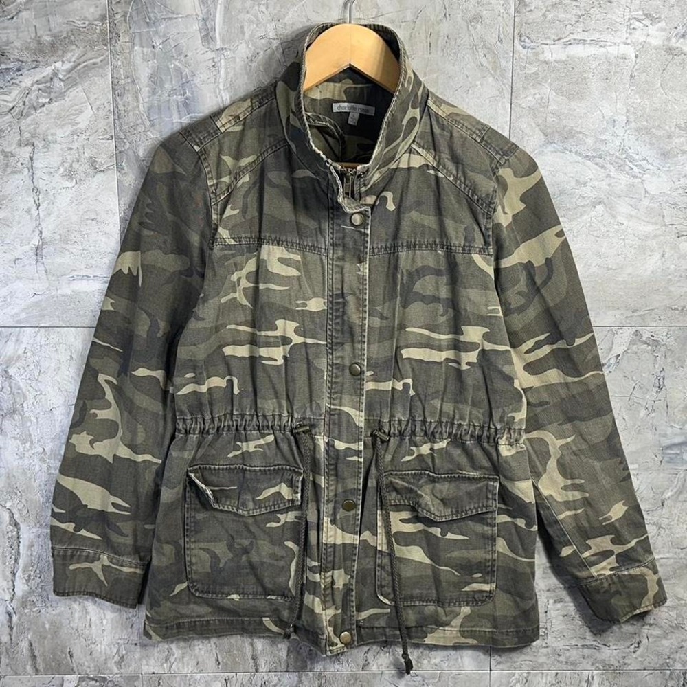 Charlotte Russe Green and khaki camo jacket with adjustable waist woman's Large